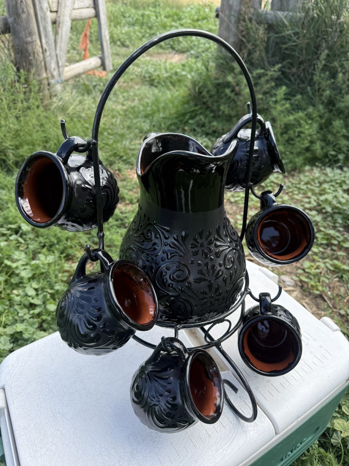Black on Black Talavera Pitcher with 6 MugSet with Rack