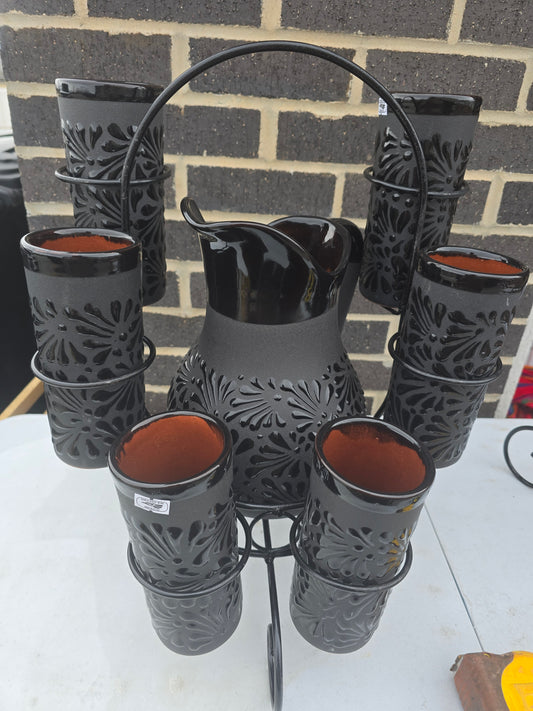 Black Talavera Clay Pitcher w/ 6 cups