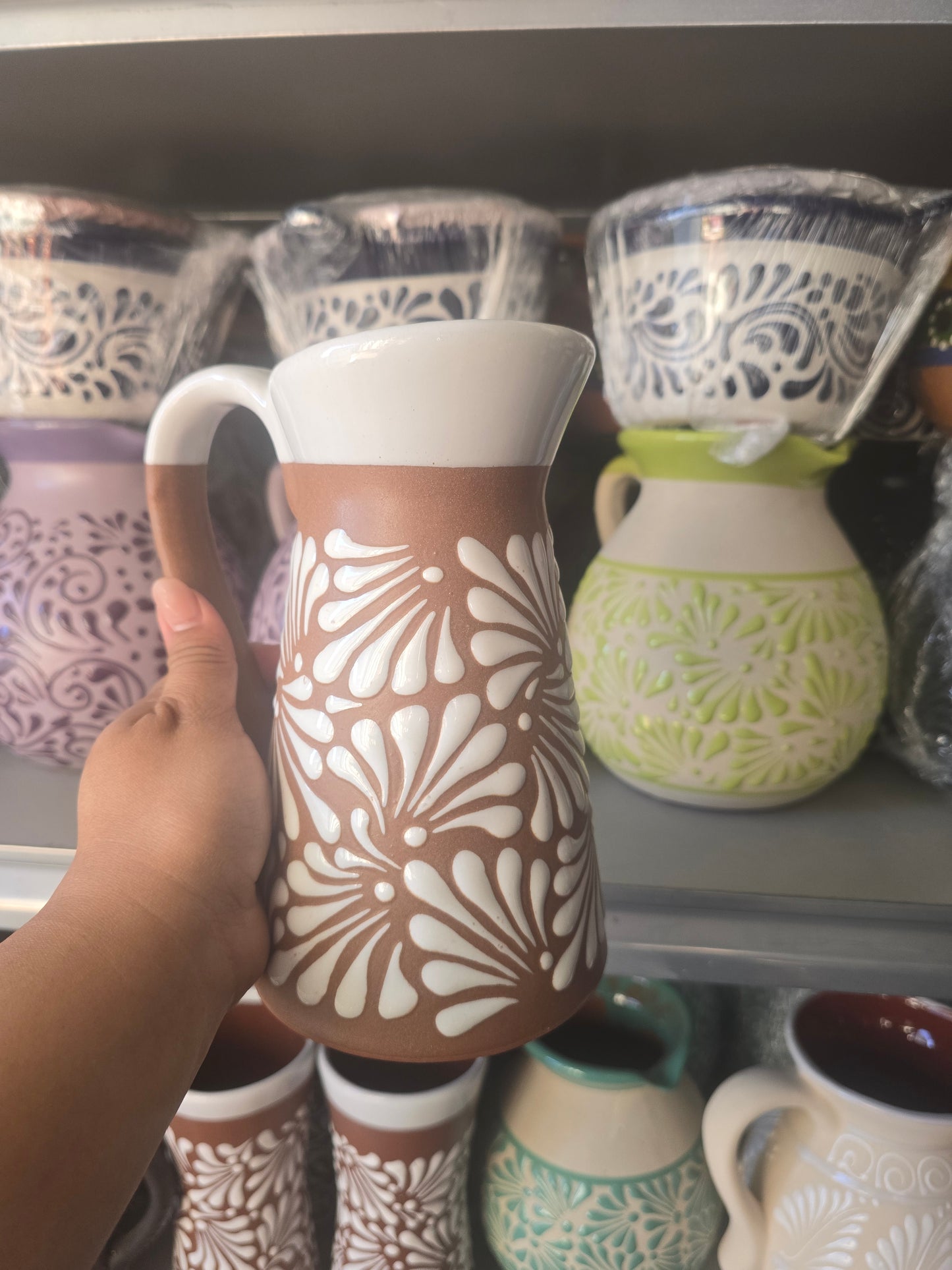 Small Talavera Pitcher Cielito Lindo Brown with White