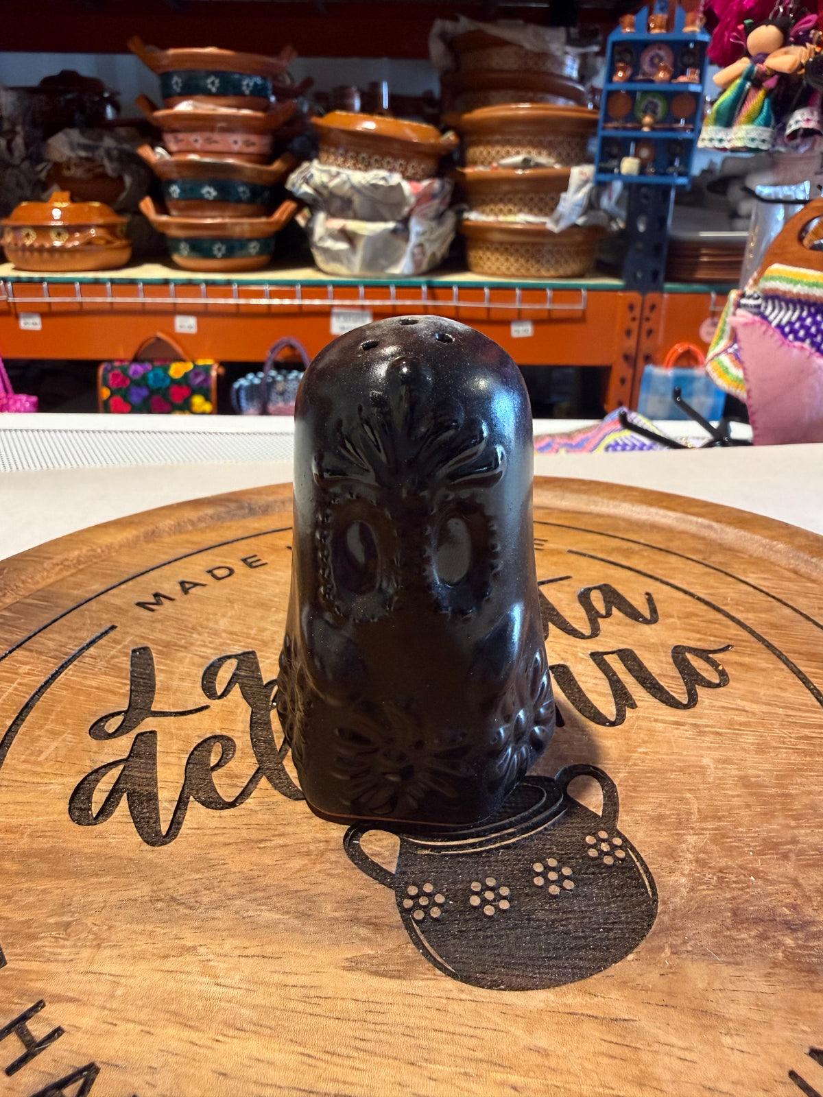 Black on black ghost Halloween salt shaker