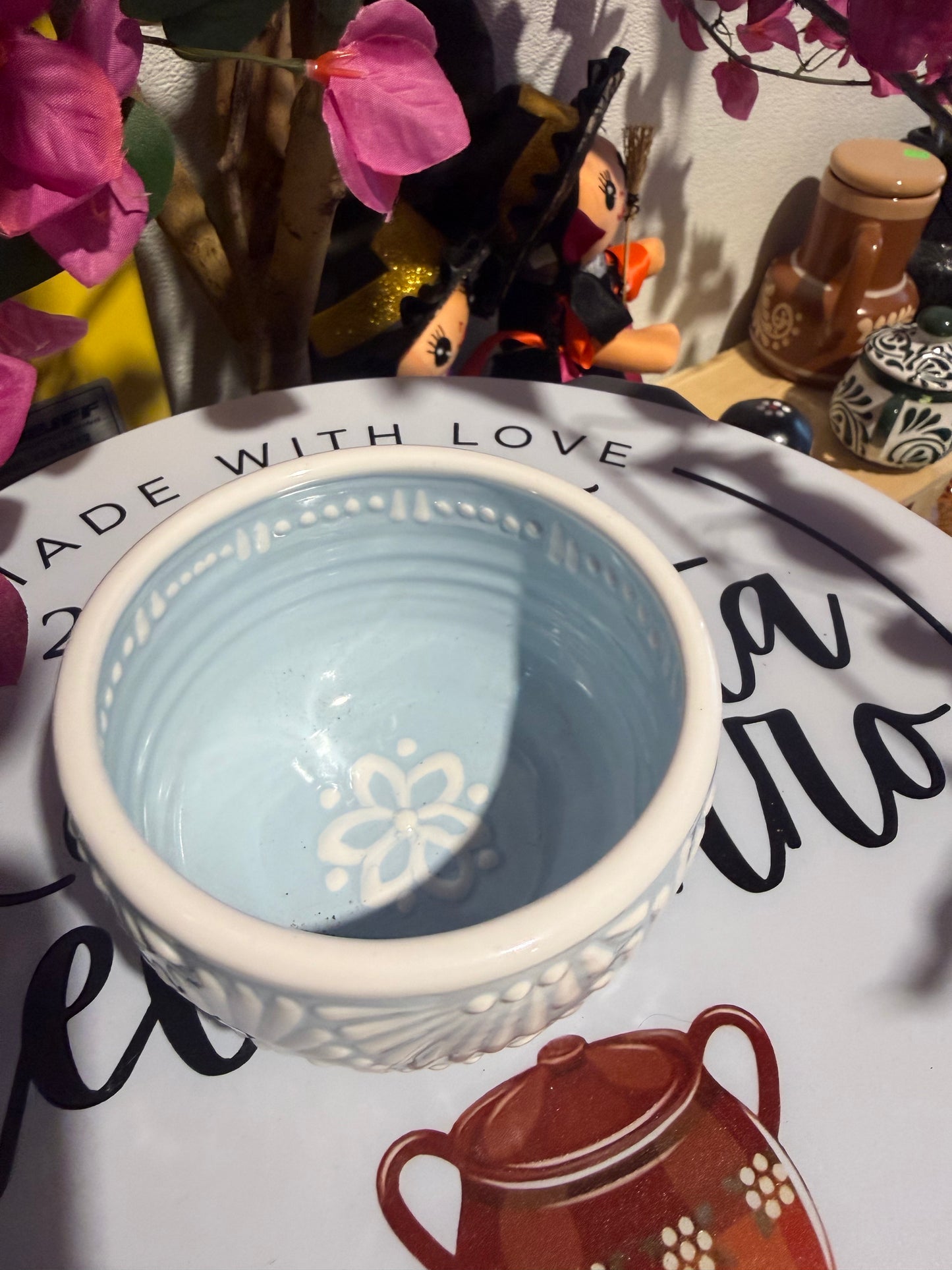 White on baby blue talavera bowl